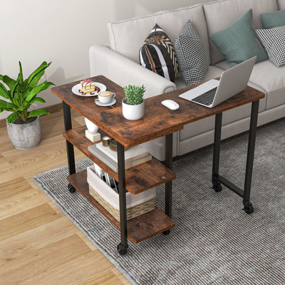 360° Rotating Sofa Side Table with Storage Shelves and Wheels-Rustic Brown