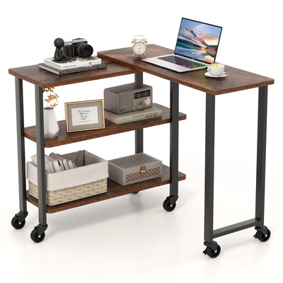 360° Rotating Sofa Side Table with Storage Shelves and Wheels-Rustic Brown