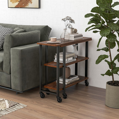 360° Rotating Sofa Side Table with Storage Shelves and Wheels-Rustic Brown