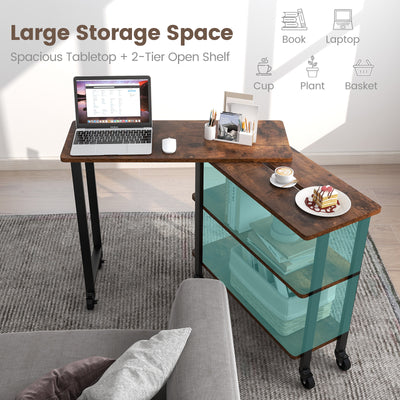 360° Rotating Sofa Side Table with Storage Shelves and Wheels-Rustic Brown