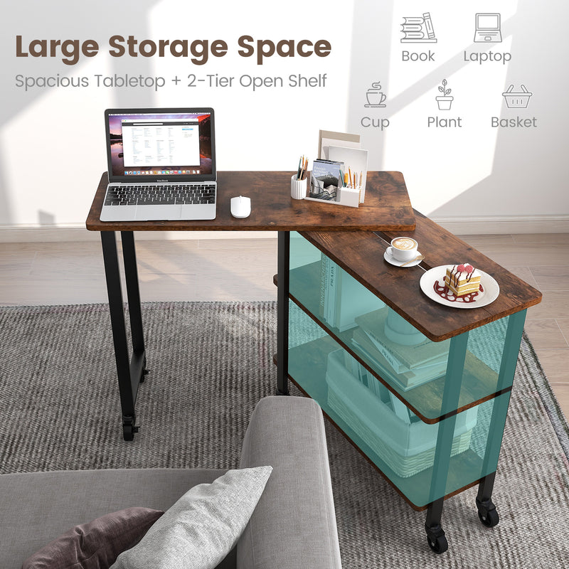 360° Rotating Sofa Side Table with Storage Shelves and Wheels-Rustic Brown