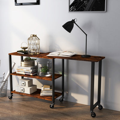 360° Rotating Sofa Side Table with Storage Shelves and Wheels-Rustic Brown