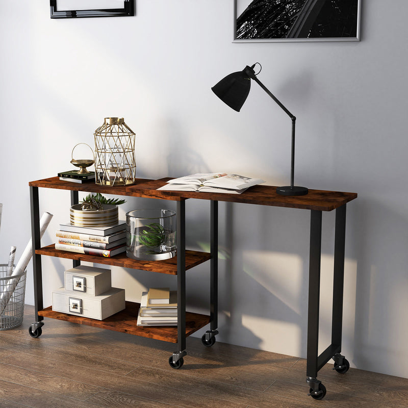 360° Rotating Sofa Side Table with Storage Shelves and Wheels-Rustic Brown