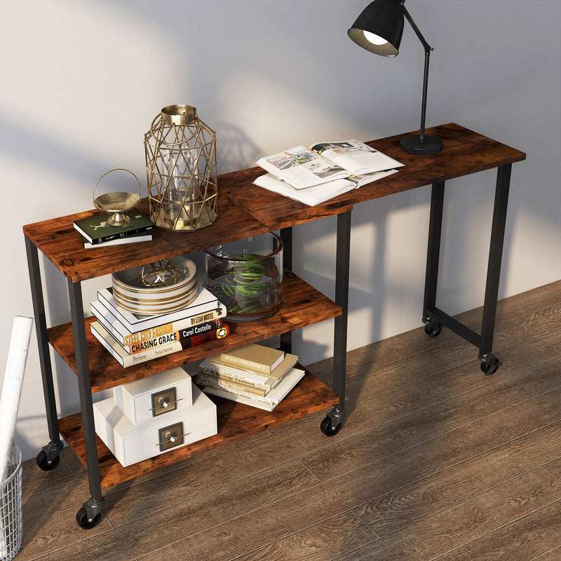 360° Rotating Sofa Side Table with Storage Shelves and Wheels-Rustic Brown