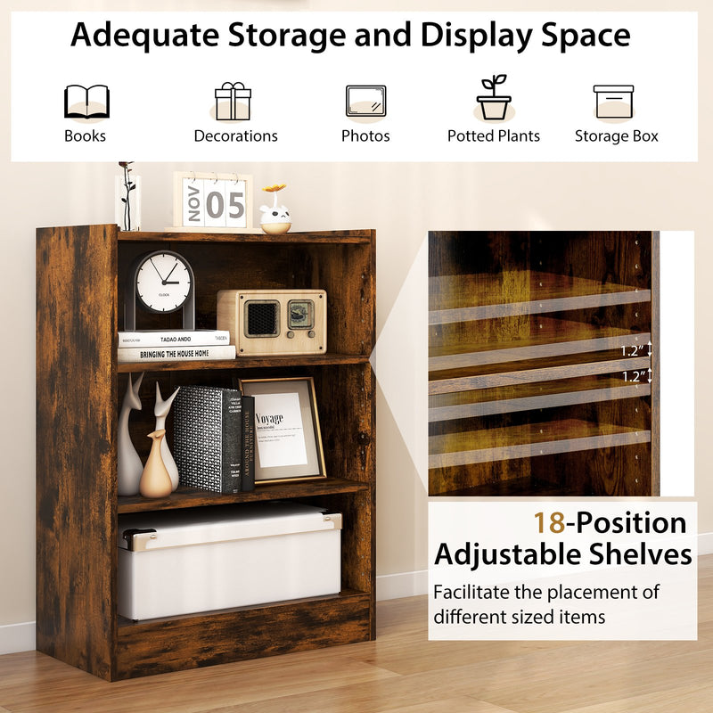 3-Tier Bookcase Open Display Rack Cabinet with Adjustable Shelves-Rustic Brown