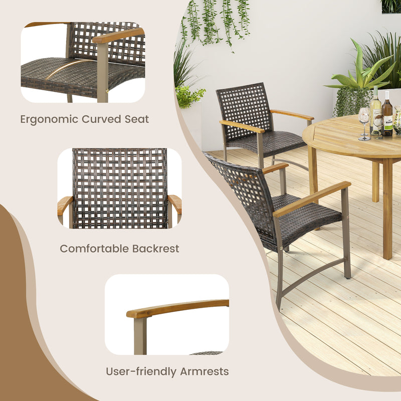 Set of 4 Patio Rattan Dining Chairs with Acacia Wood Armrests-Set of 4
