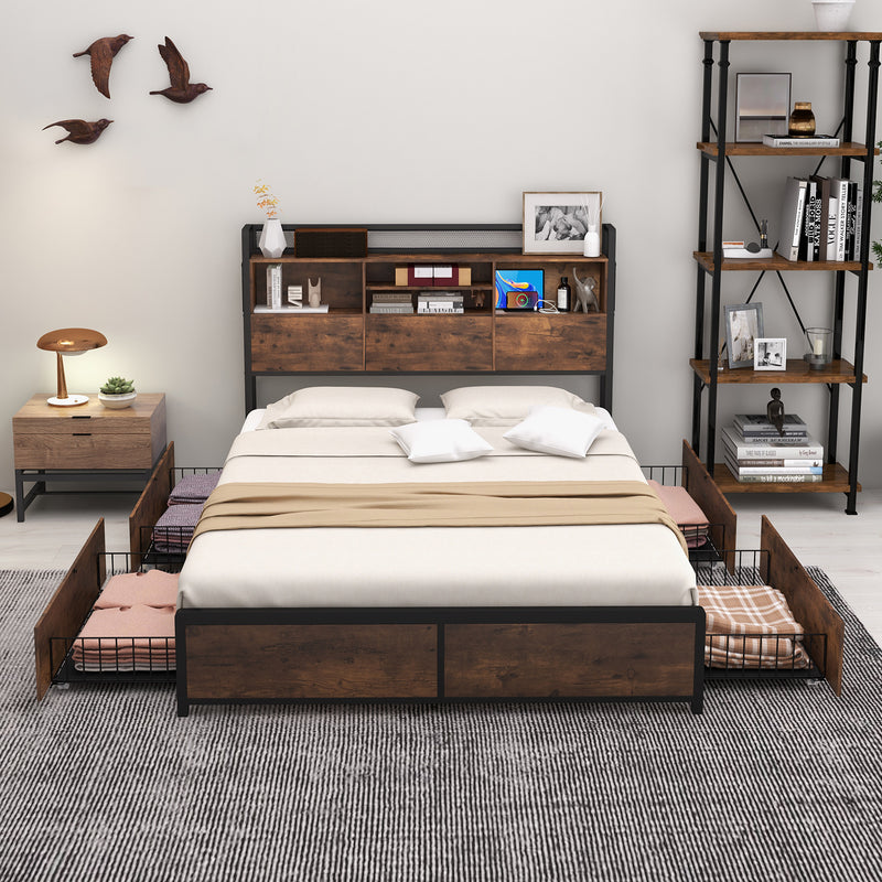 Full/Queen Size Bed Frame with Bookcase Headboard and 4 Storage Drawer