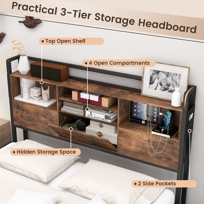 Full/Queen Size Bed Frame with Bookcase Headboard and 4 Storage Drawers-Full Size