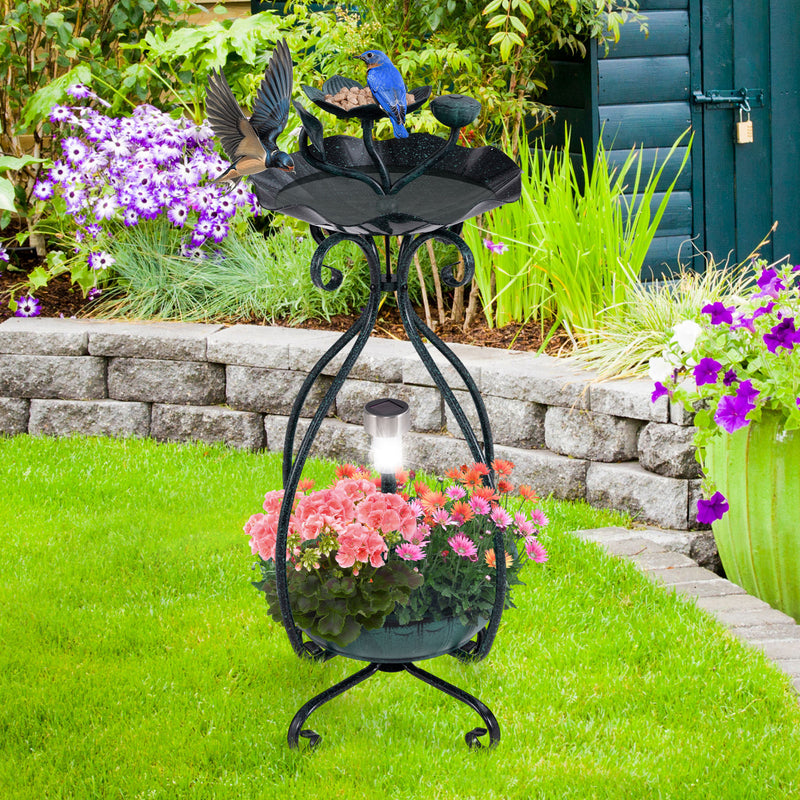 *Solar Outdoor Bird Bath Feeder Combo with Flower Planter Pedestal and Solar Lights - Bronze