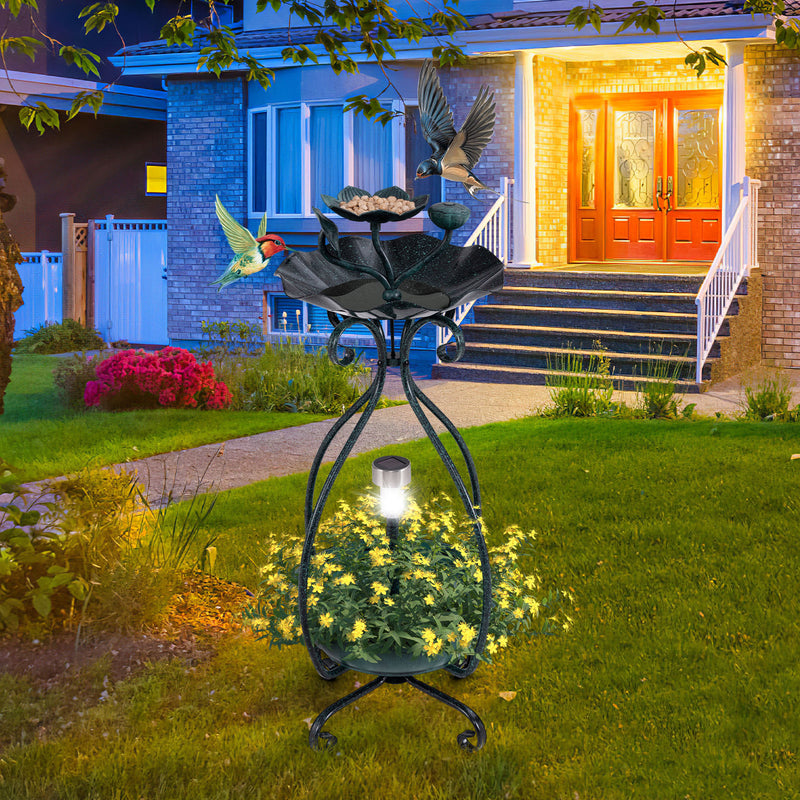 *Solar Outdoor Bird Bath Feeder Combo with Flower Planter Pedestal and Solar Lights - Bronze