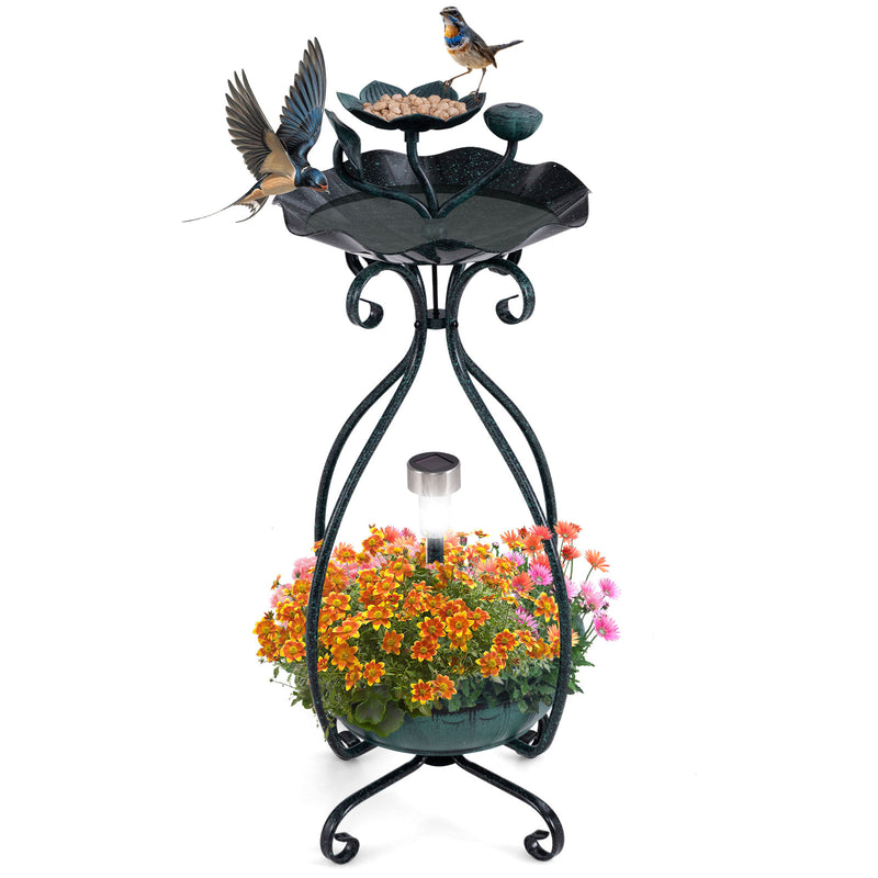 *Solar Outdoor Bird Bath Feeder Combo with Flower Planter Pedestal and Solar Lights - Bronze