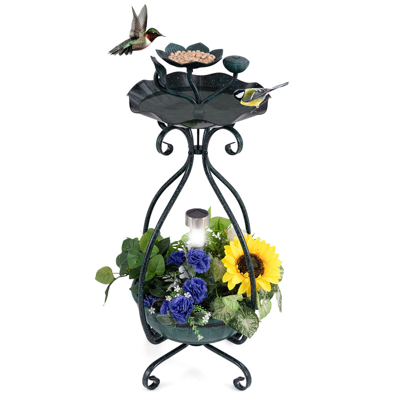 *Solar Outdoor Bird Bath Feeder Combo with Flower Planter Pedestal and Solar Lights - Bronze