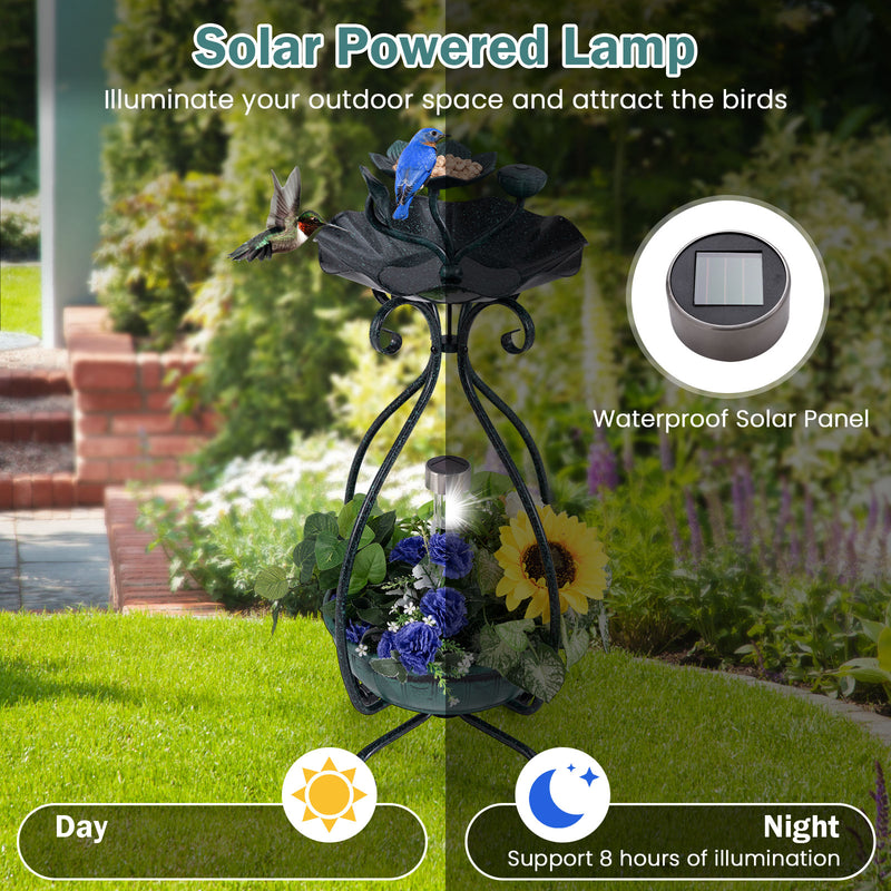 *Solar Outdoor Bird Bath Feeder Combo with Flower Planter Pedestal and Solar Lights - Bronze