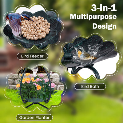 *Solar Outdoor Bird Bath Feeder Combo with Flower Planter Pedestal and Solar Lights - Bronze