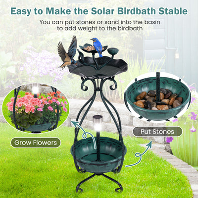 *Solar Outdoor Bird Bath Feeder Combo with Flower Planter Pedestal and Solar Lights - Bronze