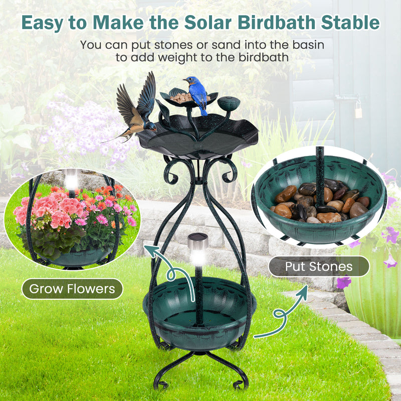 *Solar Outdoor Bird Bath Feeder Combo with Flower Planter Pedestal and Solar Lights - Bronze