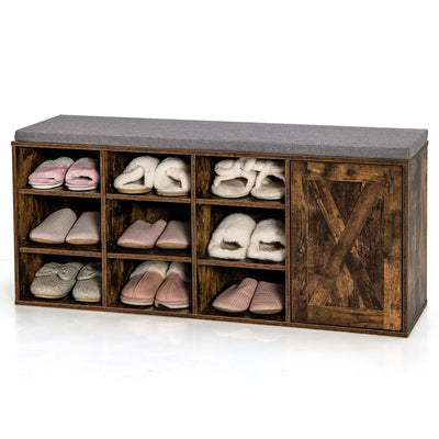 *9-cube Adjustable Storage Shoe Bench with Padded Cushion - Rustic Brown