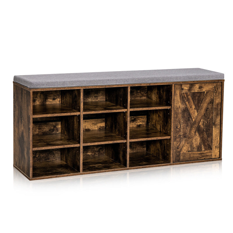 *9-cube Adjustable Storage Shoe Bench with Padded Cushion - Rustic Brown