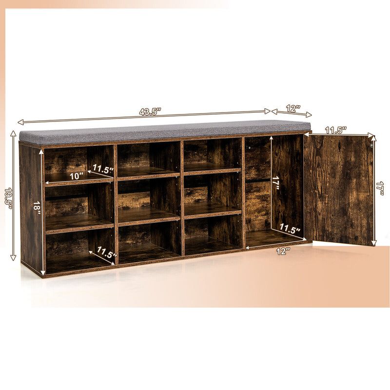*9-cube Adjustable Storage Shoe Bench with Padded Cushion - Rustic Brown
