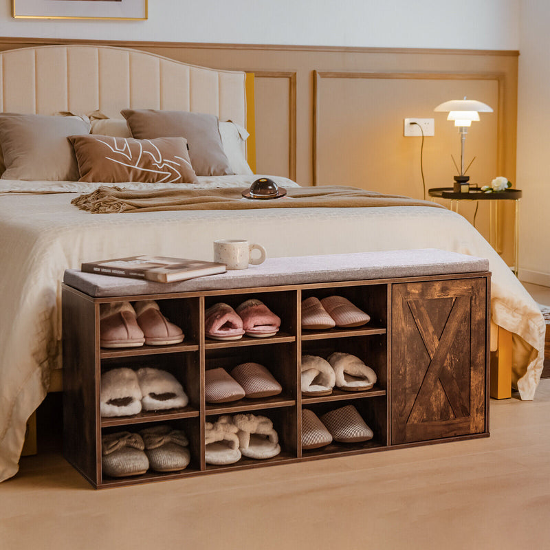*9-cube Adjustable Storage Shoe Bench with Padded Cushion - Rustic Brown