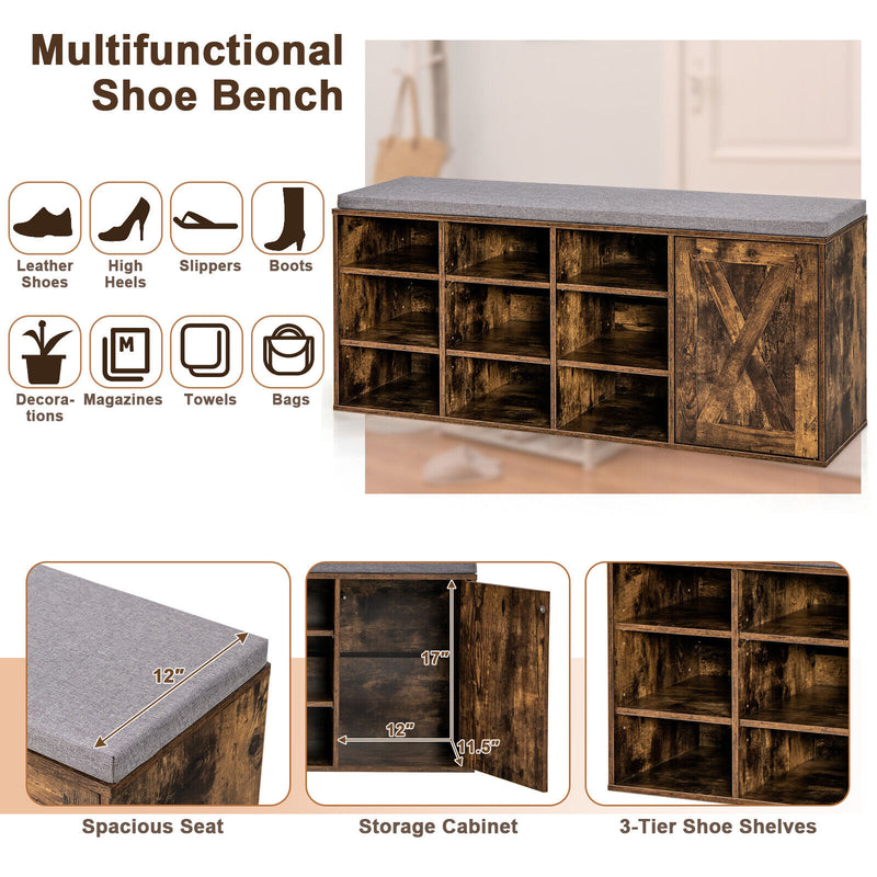 *9-cube Adjustable Storage Shoe Bench with Padded Cushion - Rustic Brown