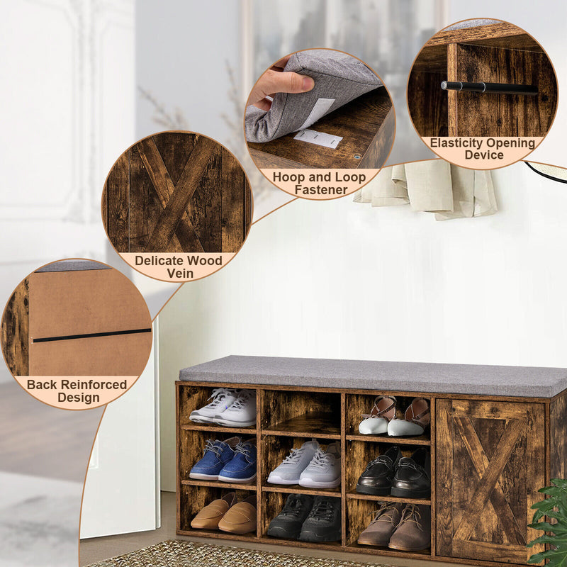 *9-cube Adjustable Storage Shoe Bench with Padded Cushion - Rustic Brown