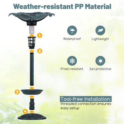 *Standing Pedestal Birdbath and Feeder Combo with Lotus Leaf Bowl - Green