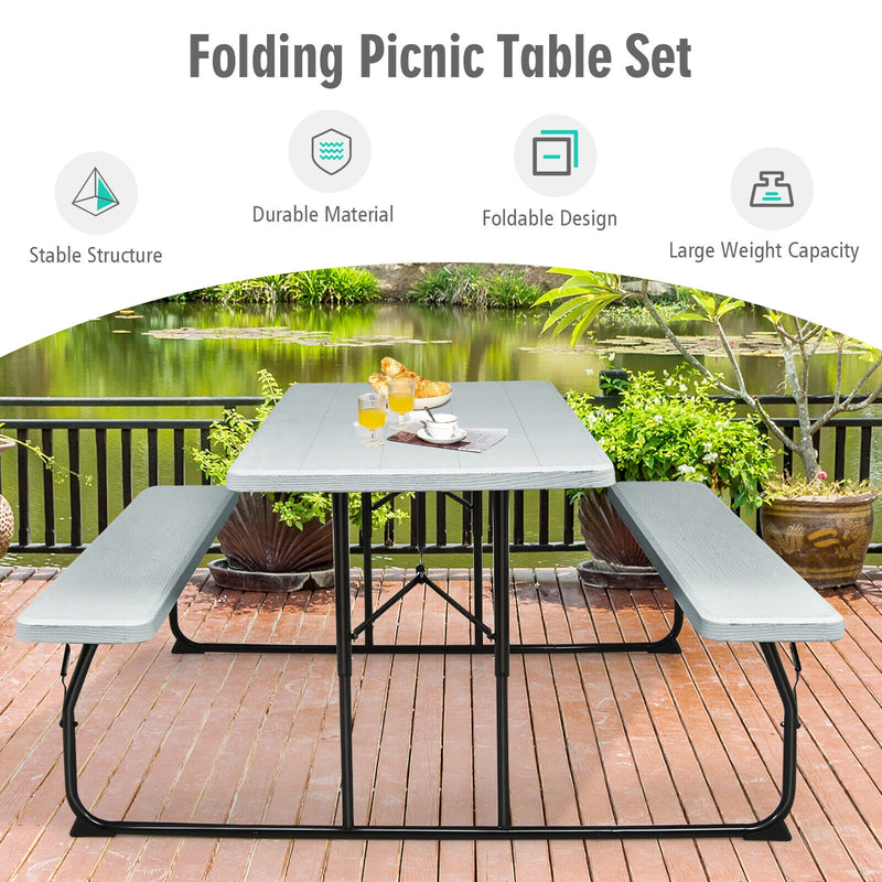 Indoor and Outdoor Folding Picnic Table Bench Set with Wood-like Texture-Gray