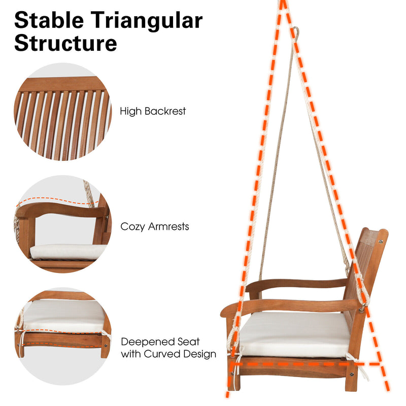 2-Person Hanging Porch Swing Wood Bench with Cushion Curved Back
