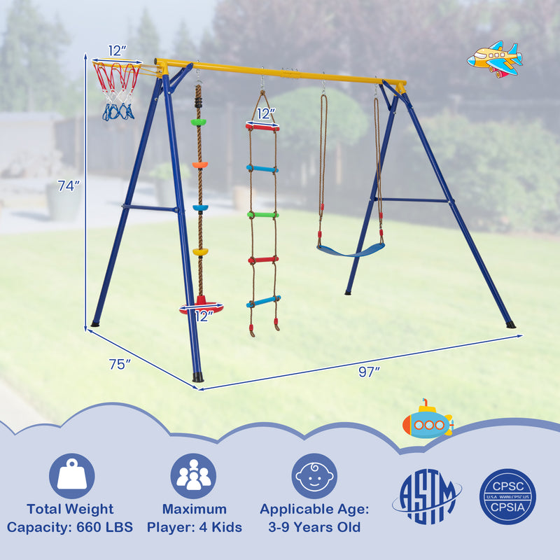 *4-in-1 660 lbs Heavy Duty Swing Set for Kids Aged 3-9 Years Old - Yellow