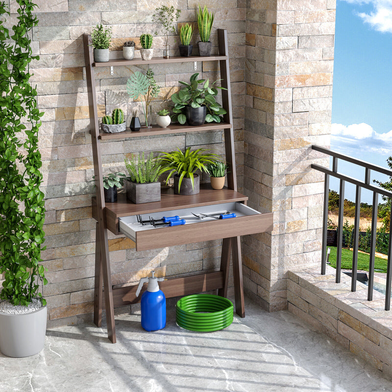 Ladder Shelf Desk Bookcase with Countertop  Drawer and 2 Shelves-Walnut