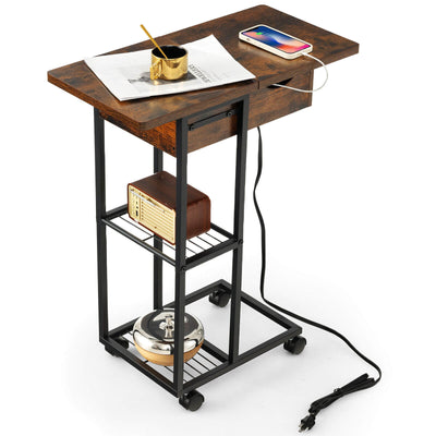 C-Shaped End Side Table with Charging Station and Wheels-Rustic Brown