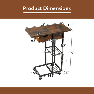 C-Shaped End Side Table with Charging Station and Wheels-Rustic Brown
