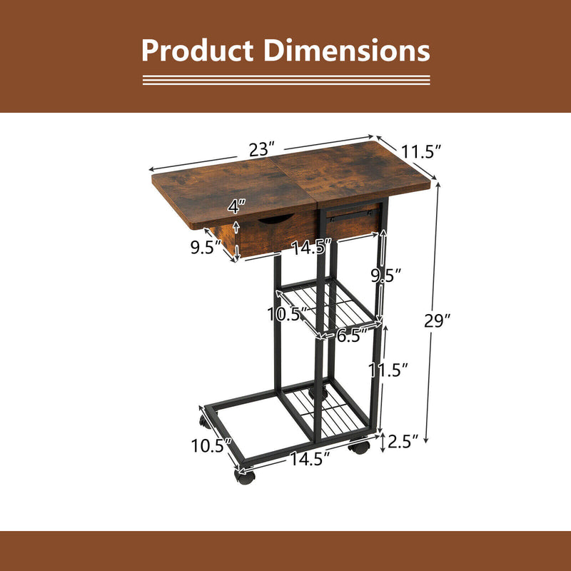 C-Shaped End Side Table with Charging Station and Wheels-Rustic Brown