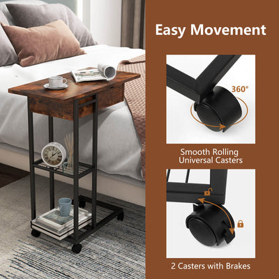 C-Shaped End Side Table with Charging Station and Wheels-Rustic Brown
