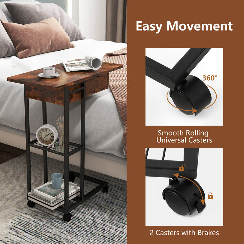 C-Shaped End Side Table with Charging Station and Wheels-Rustic Brown