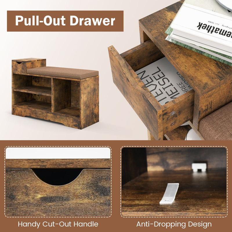 Entryway Storage Shoe Bench with 1 Storage Drawer and 3 Open Compartments-Rustic Brown
