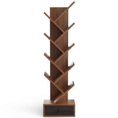 10-Tier Tree Bookshelf with Drawer and Anti-Tipping Kit-Brown