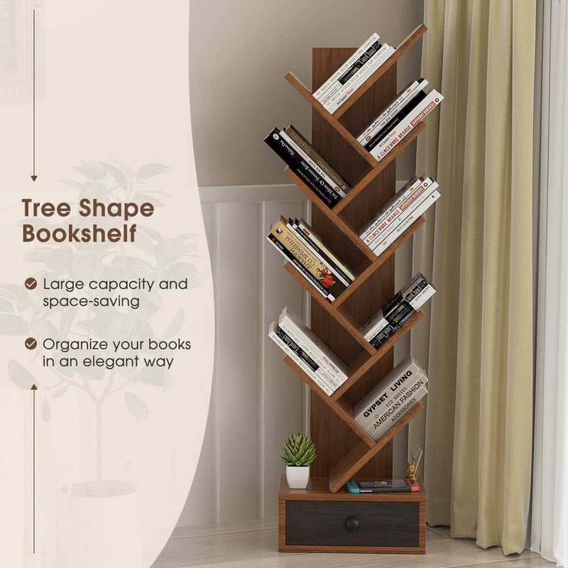 10-Tier Tree Bookshelf with Drawer and Anti-Tipping Kit-Brown