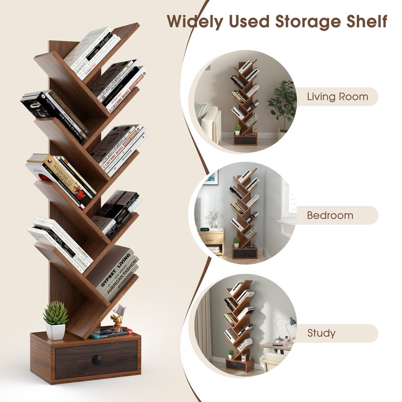 10-Tier Tree Bookshelf with Drawer and Anti-Tipping Kit-Brown
