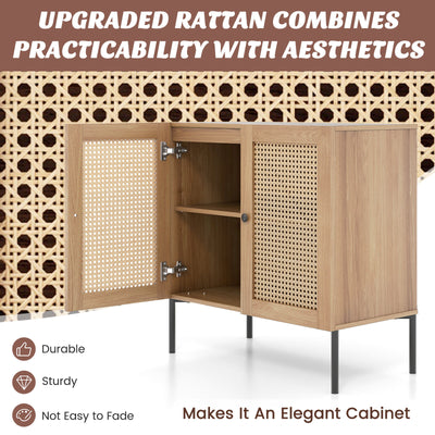 Kitchen Sideboard with 2 Rattan Doors and Adjustable Shelf-Natural