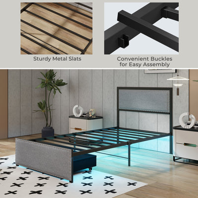 Full/Queen/Twin Size Bed Frame with LED Lights Drawer and Metal Slats-Twin Size