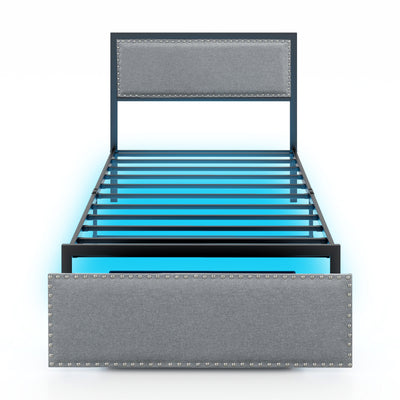 Full/Queen/Twin Size Bed Frame with LED Lights Drawer and Metal Slats-Twin Size