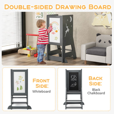 Toddler Kitchen Stool Helper Baby Standing Tower with Chalkboard and Whiteboard-Gray