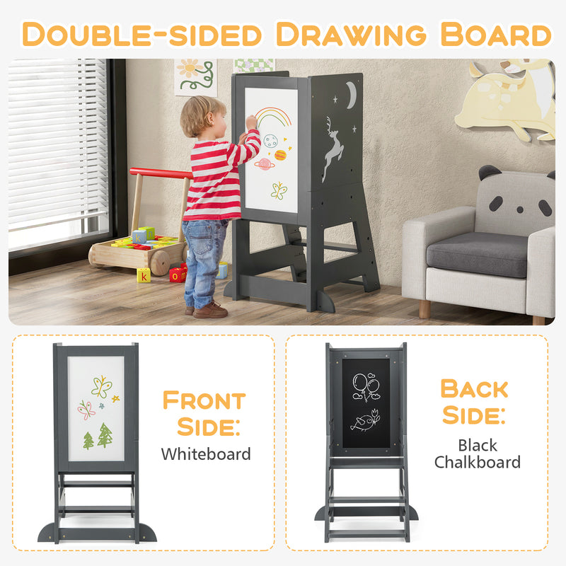 Toddler Kitchen Stool Helper Baby Standing Tower with Chalkboard and Whiteboard-Gray