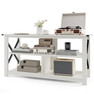 3 Tier Wood TV Stand for 55-Inch with Open Shelves and X-Shaped Frame-White