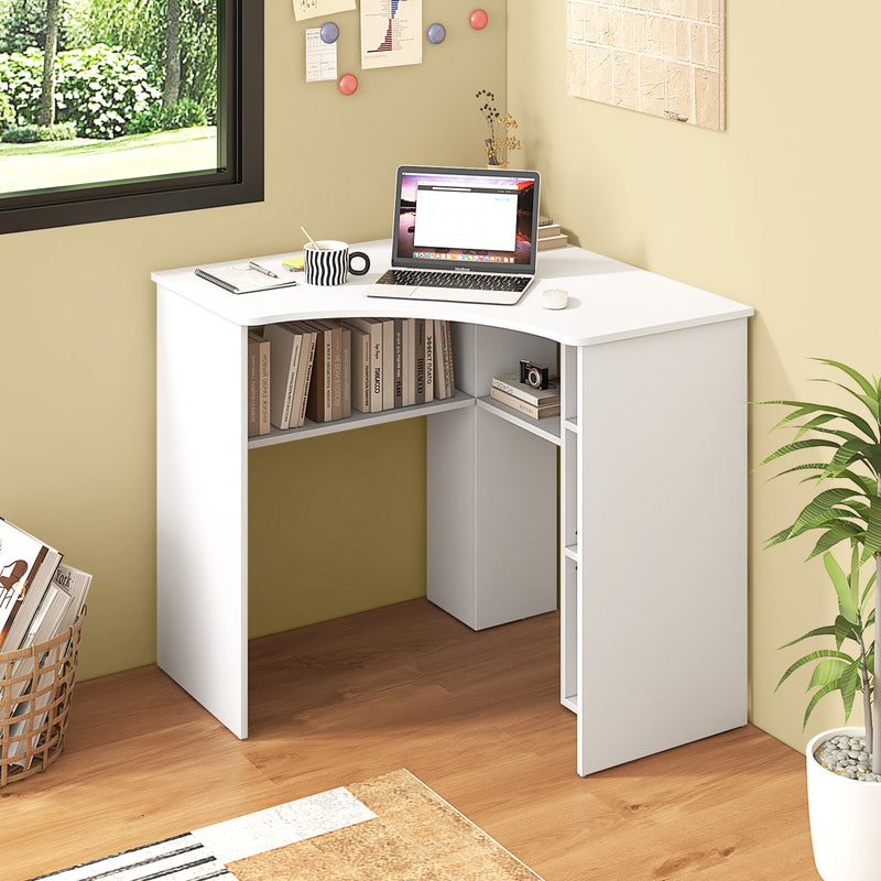 *Corner Computer Desk Triangle Home Office Desk with Adjustable Shelf and Arc-Shaped Profile - White