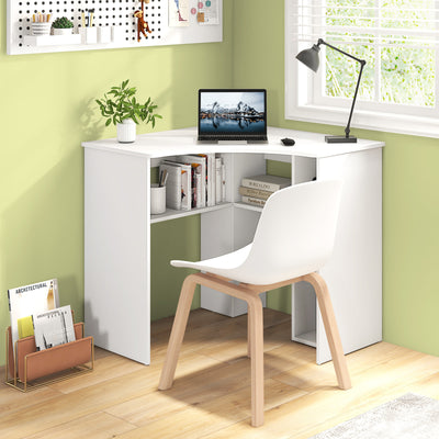 *Corner Computer Desk Triangle Home Office Desk with Adjustable Shelf and Arc-Shaped Profile - White