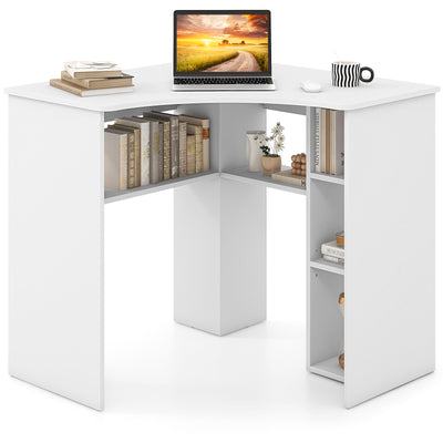 *Corner Computer Desk Triangle Home Office Desk with Adjustable Shelf and Arc-Shaped Profile - White