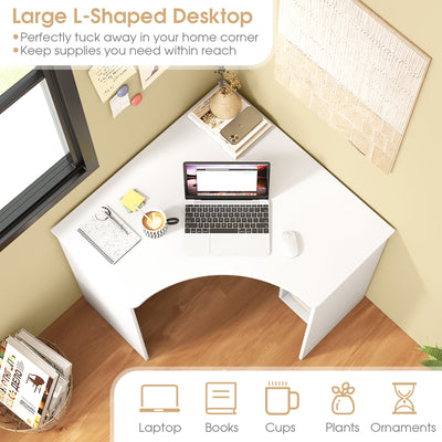 *Corner Computer Desk Triangle Home Office Desk with Adjustable Shelf and Arc-Shaped Profile - White